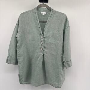 J. Jill 100% Linen Tunic Blouse Top Womens XS Sage Green 3/4 Sleeve Button VNeck